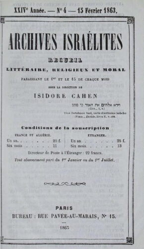 Archives israélites de France. Vol.24 N°04 (15 fér. 1863)
